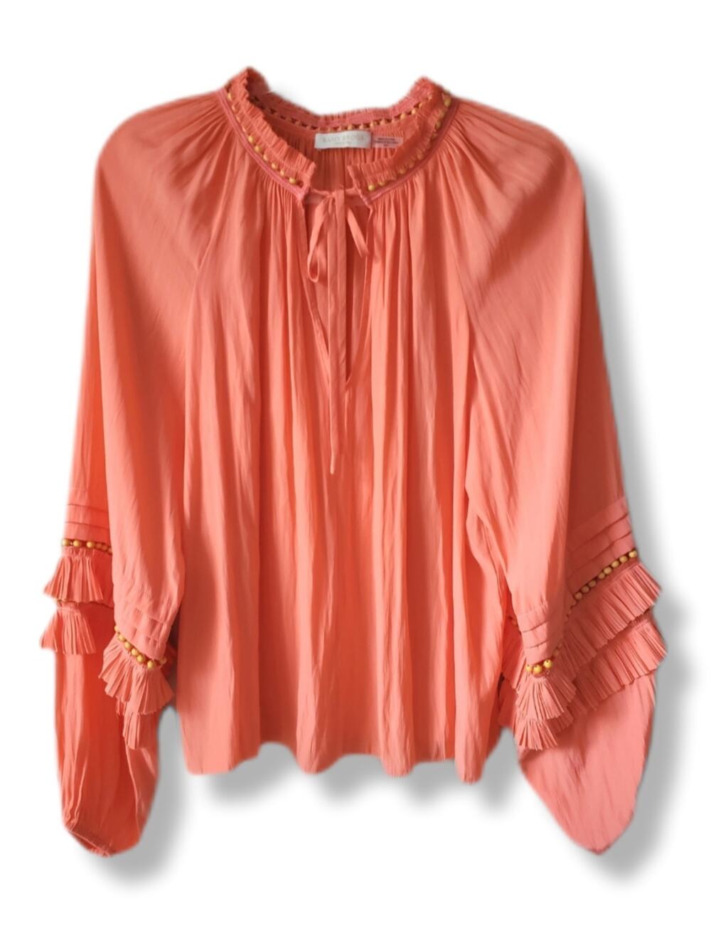 Ramy Brook Salmon Wood Bead Peasant Blouse Top M Luxury Boho Chic Coastal Resort
